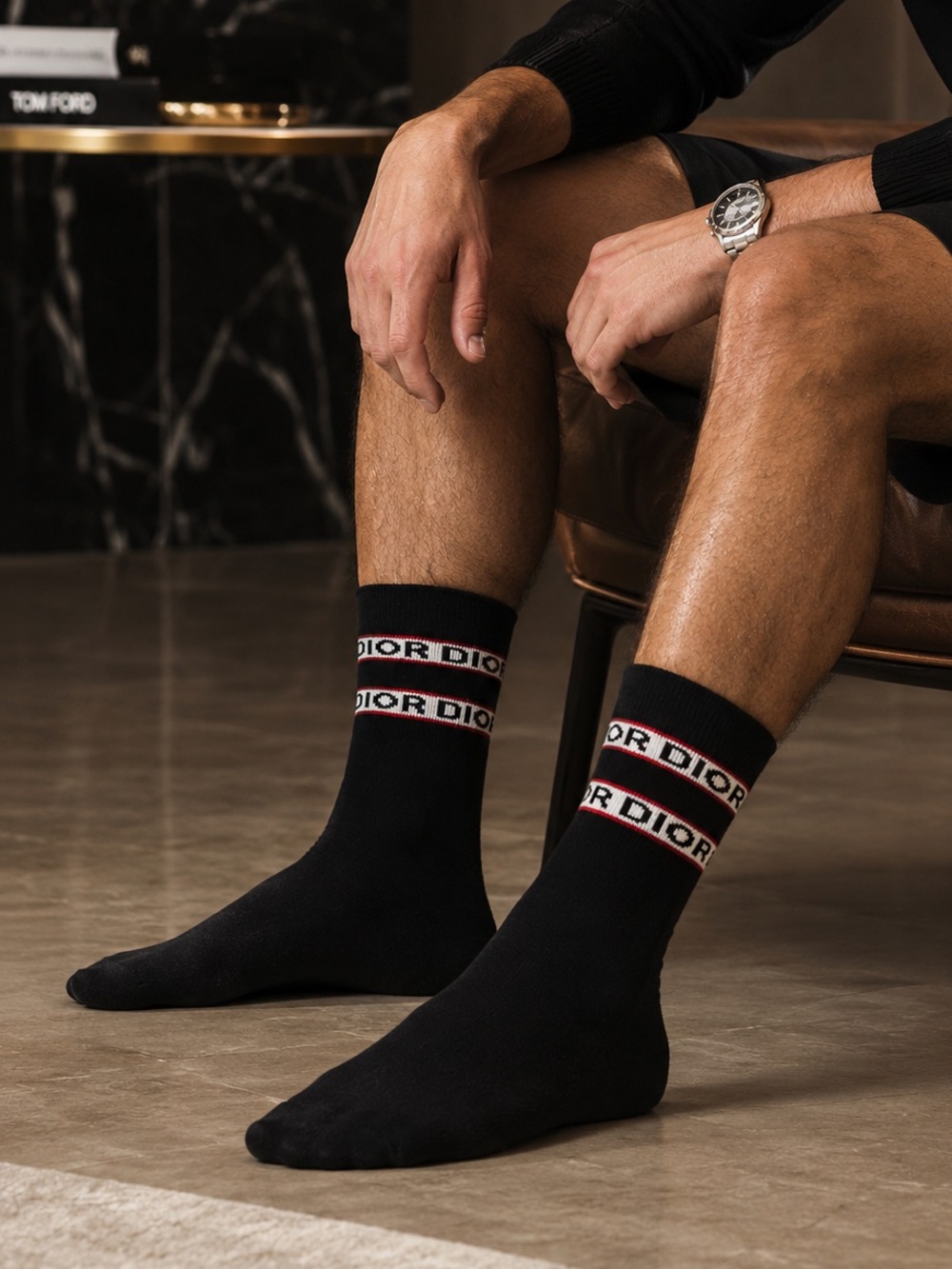 Dior Black Crew Socks with Logo Bands